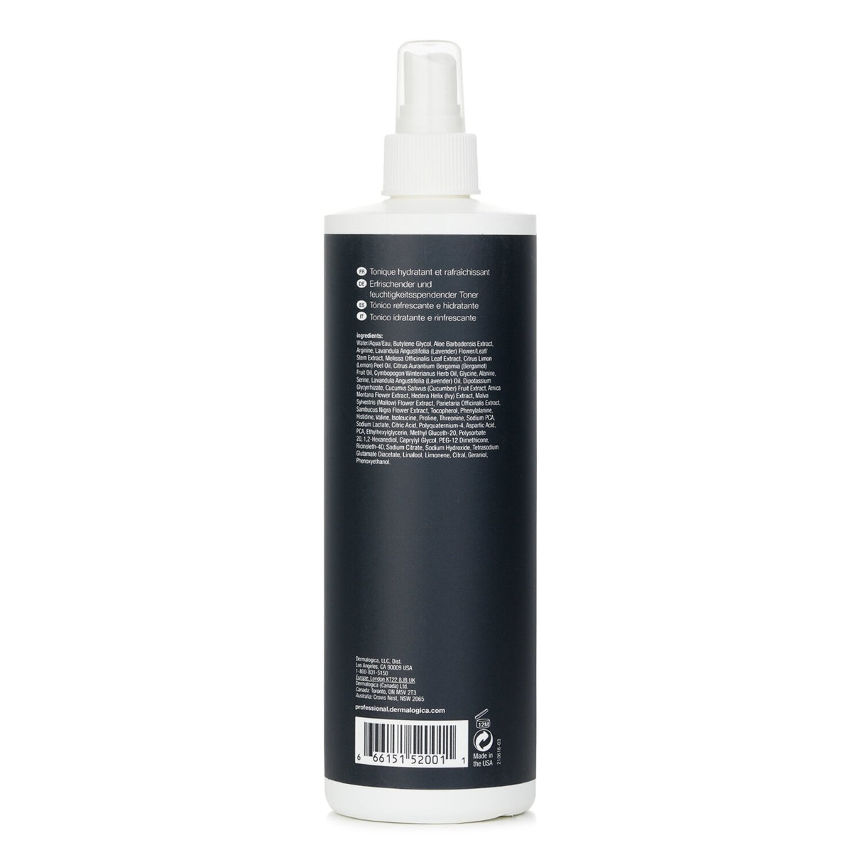 Lightweight facial toner spray with Lavender, Balm Mint, and Arnica for hydration and pH balance in a 473ml salon size.