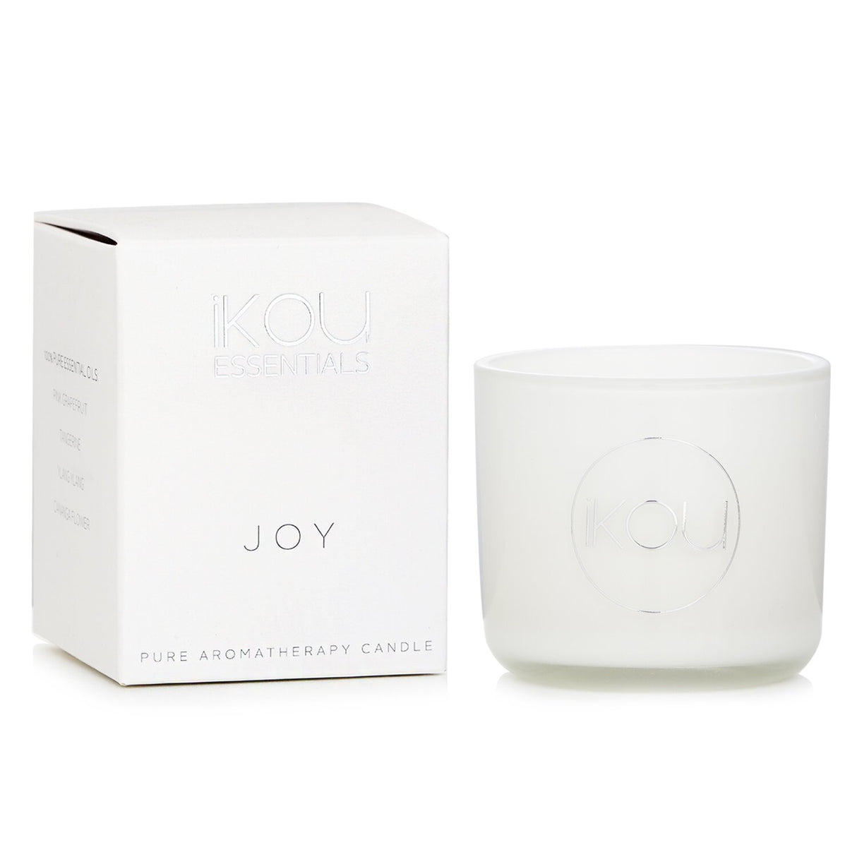 Joyful 85g natural wax aromatherapy candle in glass, infused with essential oils, promoting happiness and serenity.