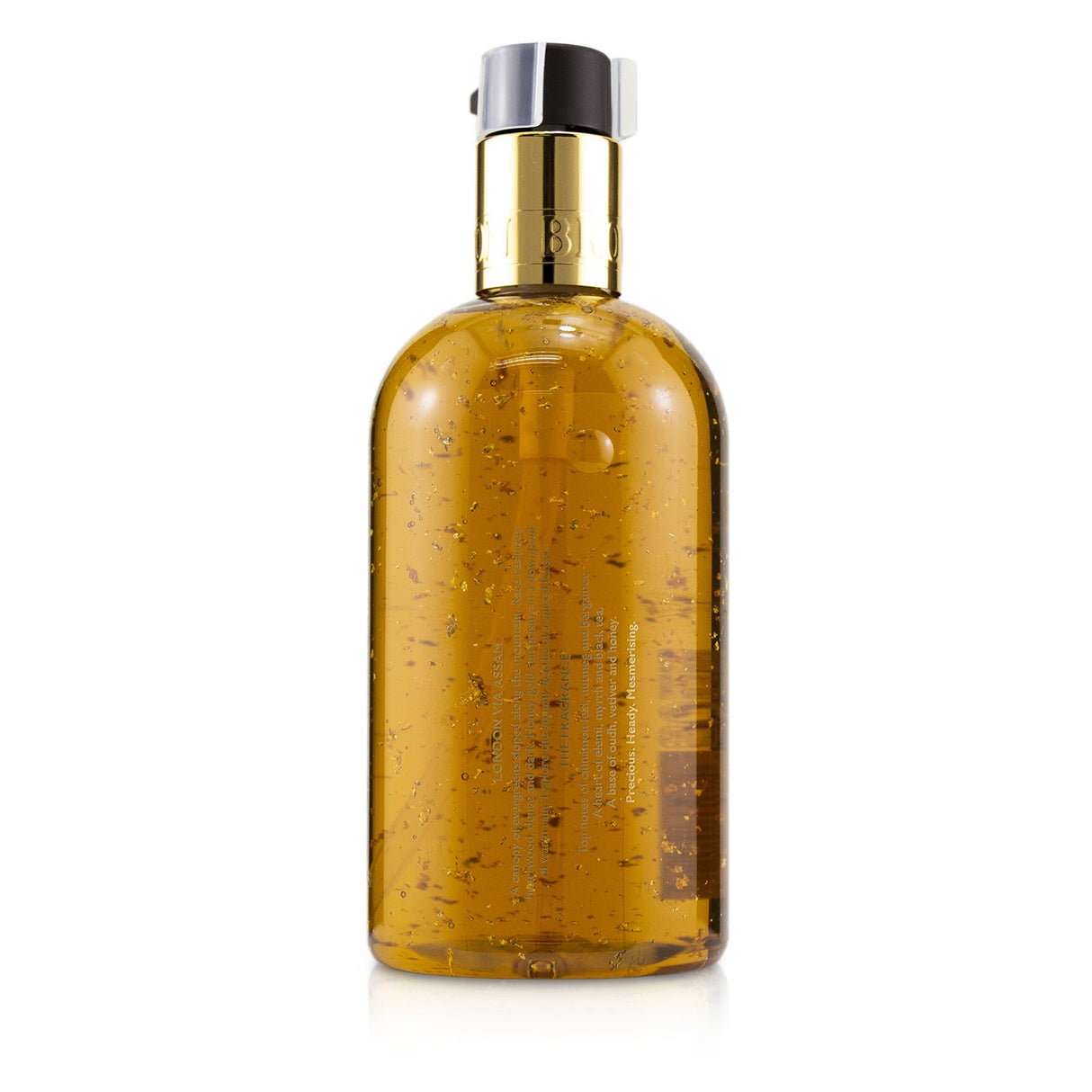 Luxurious Molton Brown hand wash with oudh accord, 24-carat gold flakes, and a rich, moisturizing lather.