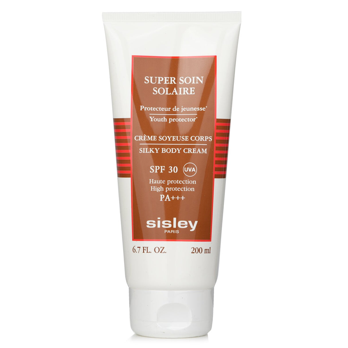 Luxurious Sisley body cream with SPF 30, offering high UVA protection and hydration with a fragrant, water-resistant formula.