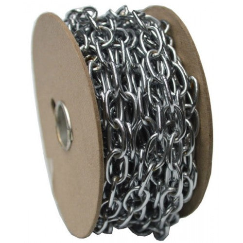 Light-duty 10m oval link chain with non-rusting 1/2" links, ideal for hanging baskets and bathroom fittings.