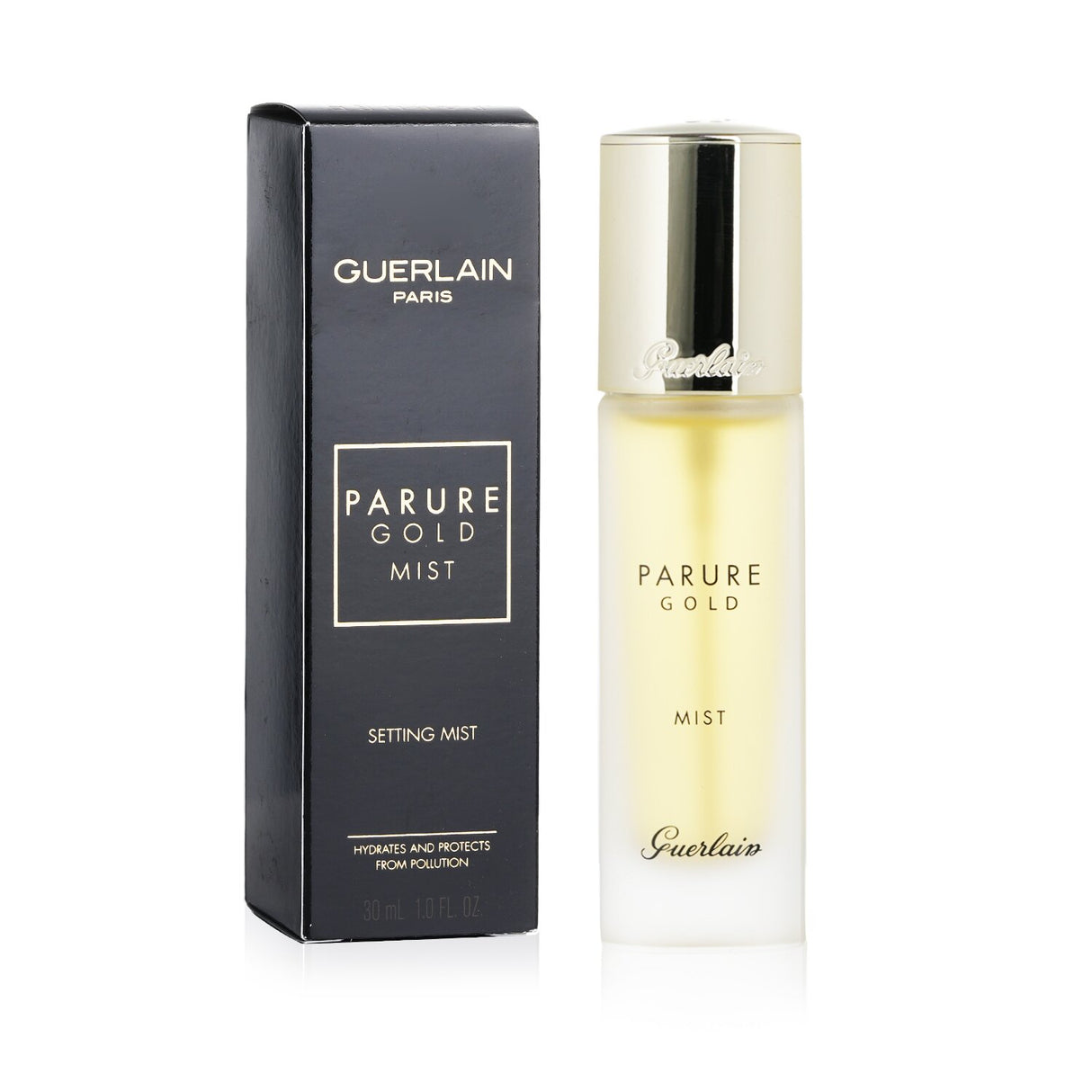 Guerlain Parure Gold Setting Mist in a 30ml bottle offers a radiant, weightless finish and long-lasting makeup wear.