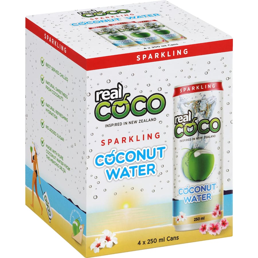 Real Coco Coconut Water Sparkling 250ml cans 4pack
