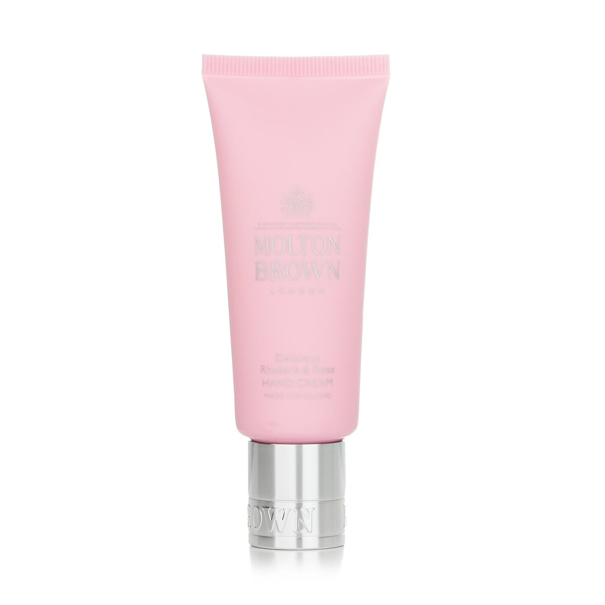 Luxurious 40ml Molton Brown hand cream with rhubarb and rose fragrance, moisturizing, vegan, and cruelty-free.