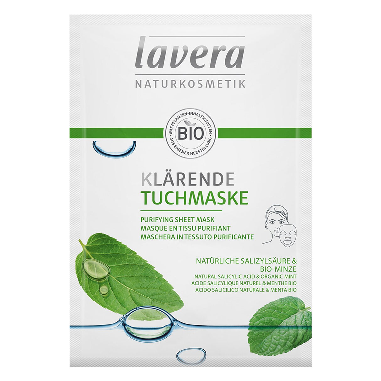 Lavera Purifying Sheet Mask with salicylic acid and mint for detoxifying, refreshing, and revitalizing all skin types.