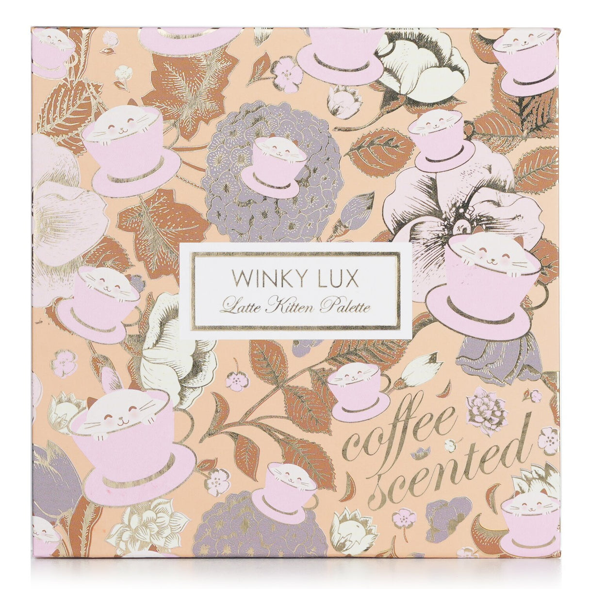 Winky Lux Latte Kitten Eyeshadow Palette featuring 9 coffee-inspired shades with a variety of matte, satin, and shimmer finishes.