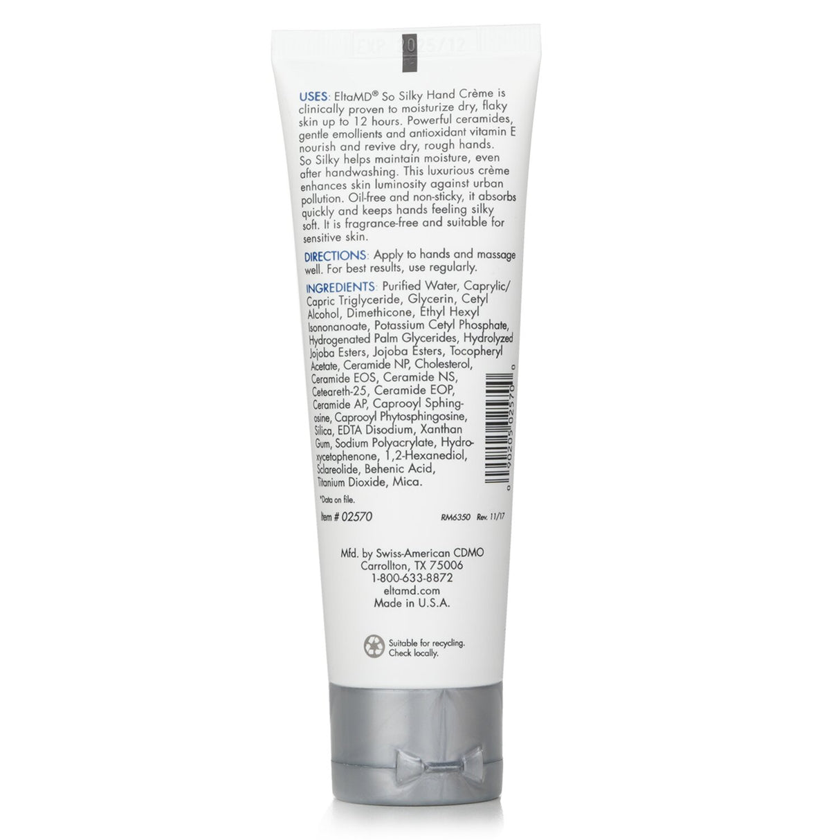 Luxurious EltaMD So Silky Hand Creme, 85g, moisturizes and nourishes for soft, smooth, even-toned hands, suitable for sensitive skin.