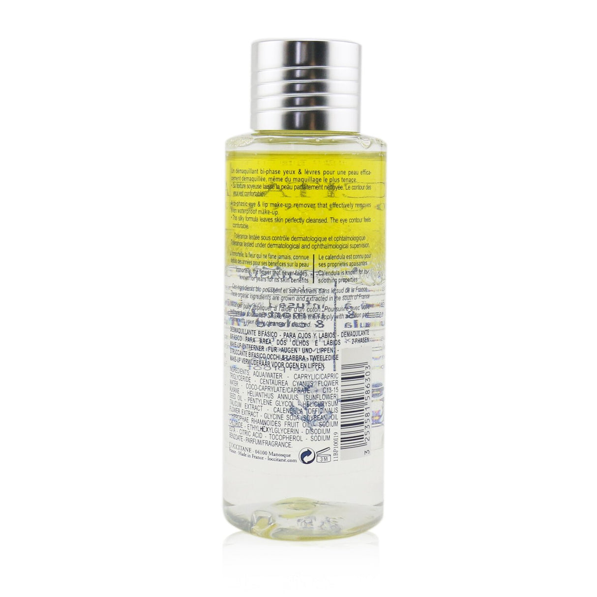 Bi-phasic makeup remover by L'Occitane, designed for all skin types, gently removes makeup and impurities with organic oils.