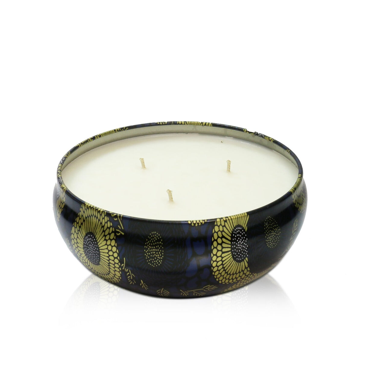 Voluspa 3 Wick Decorative Tin Candle in Moso Bamboo, featuring a vibrant tin and soothing, earthy fragrance.
