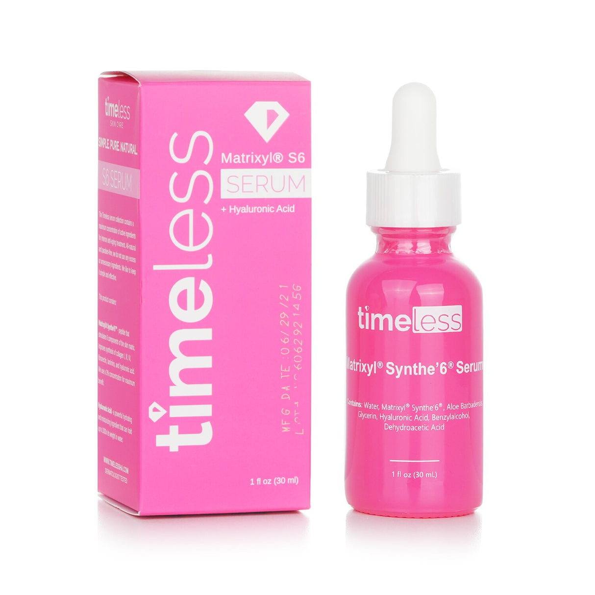 "Timeless Skin Care Matrixyl S6 Serum with Hyaluronic Acid in 30ml bottle, promotes hydration and youthful skin vitality."