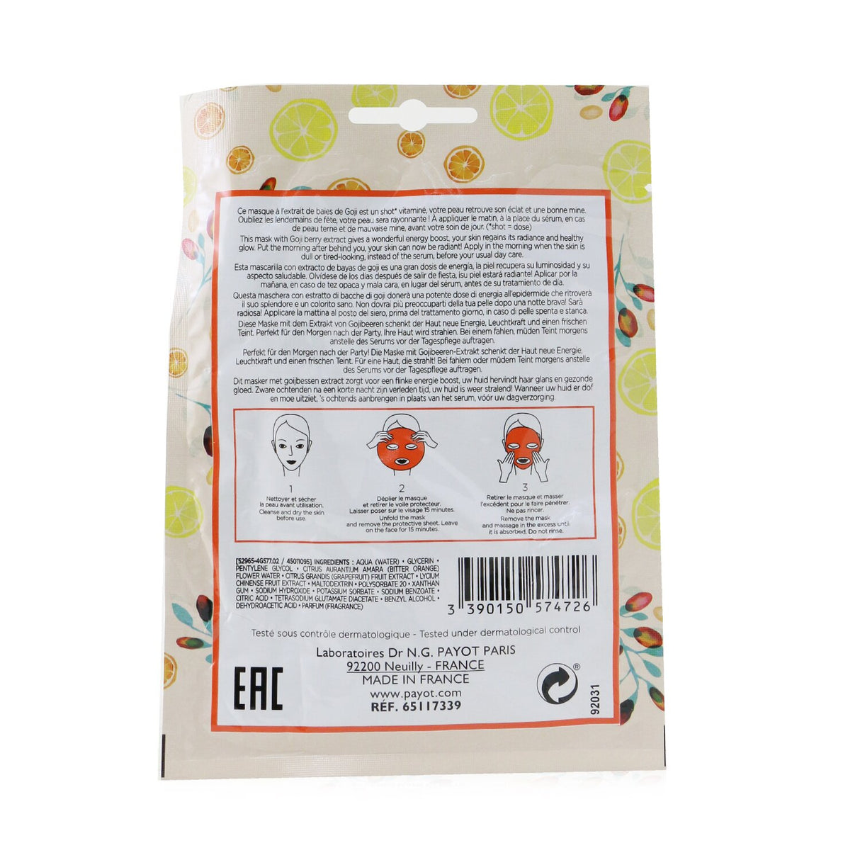 Payot Morning Mask pack of 15 sheet masks, infused with Goji berry, revitalizes and brightens tired skin in 15 minutes.
