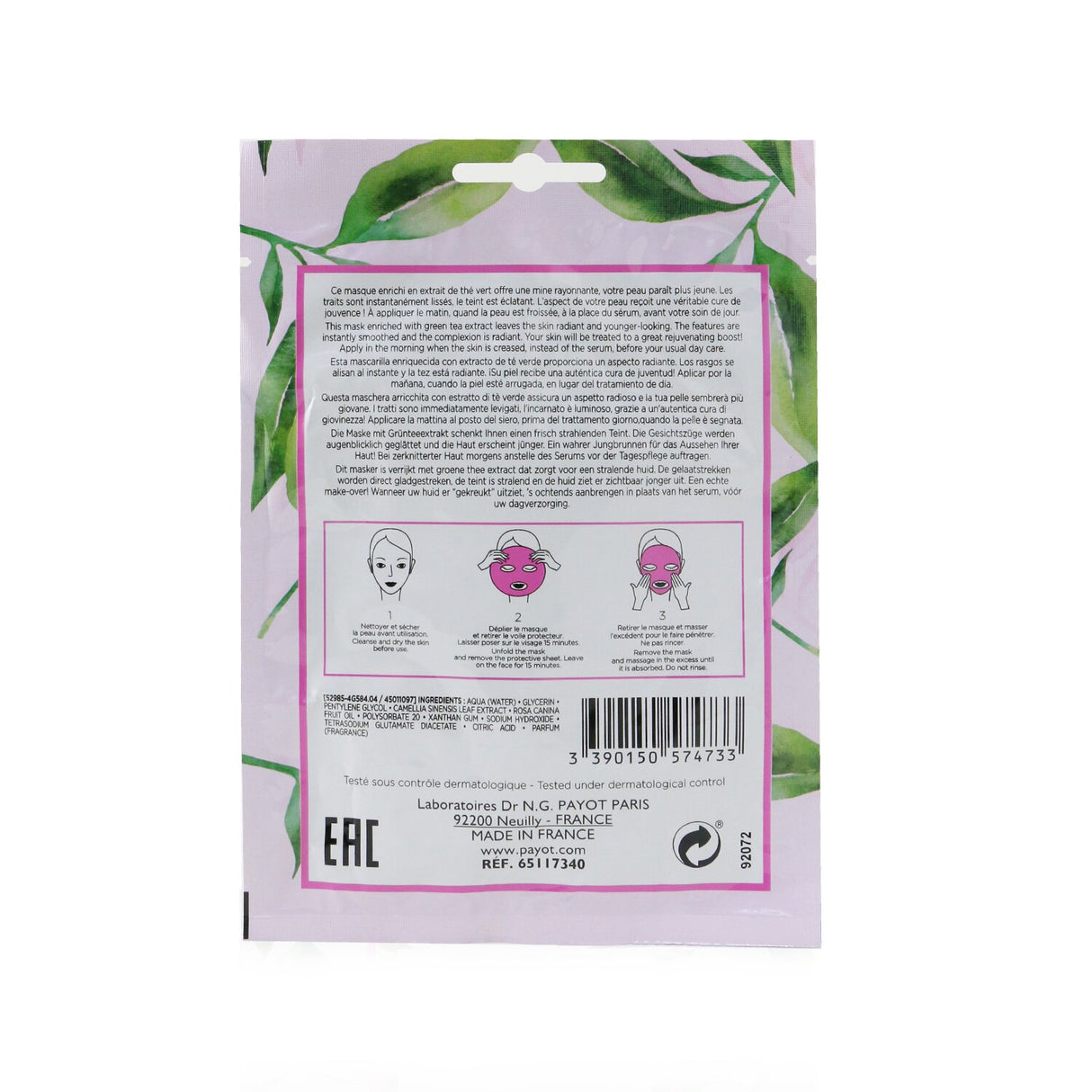 15 eco-friendly Lyocell fiber sheet masks by Payot, enriched with green tea for smoothing, lifting, and a radiant glow.