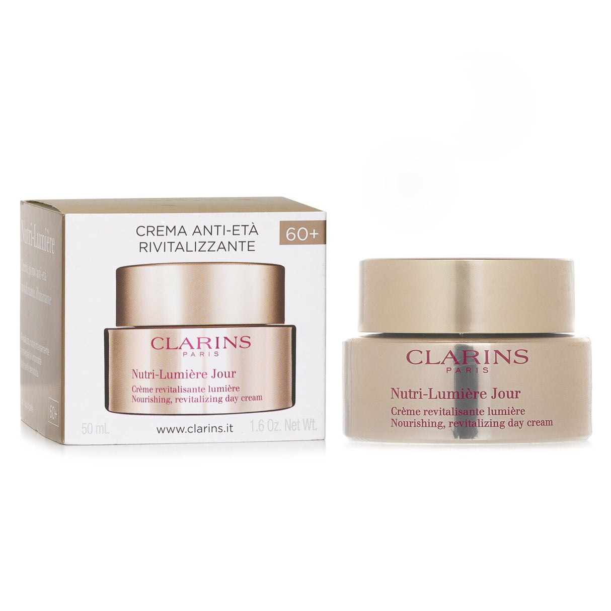 Clarins Nutri-Lumiere Jour cream in a 50ml jar, nourishing mature skin with hydration and protection against pollutants.
