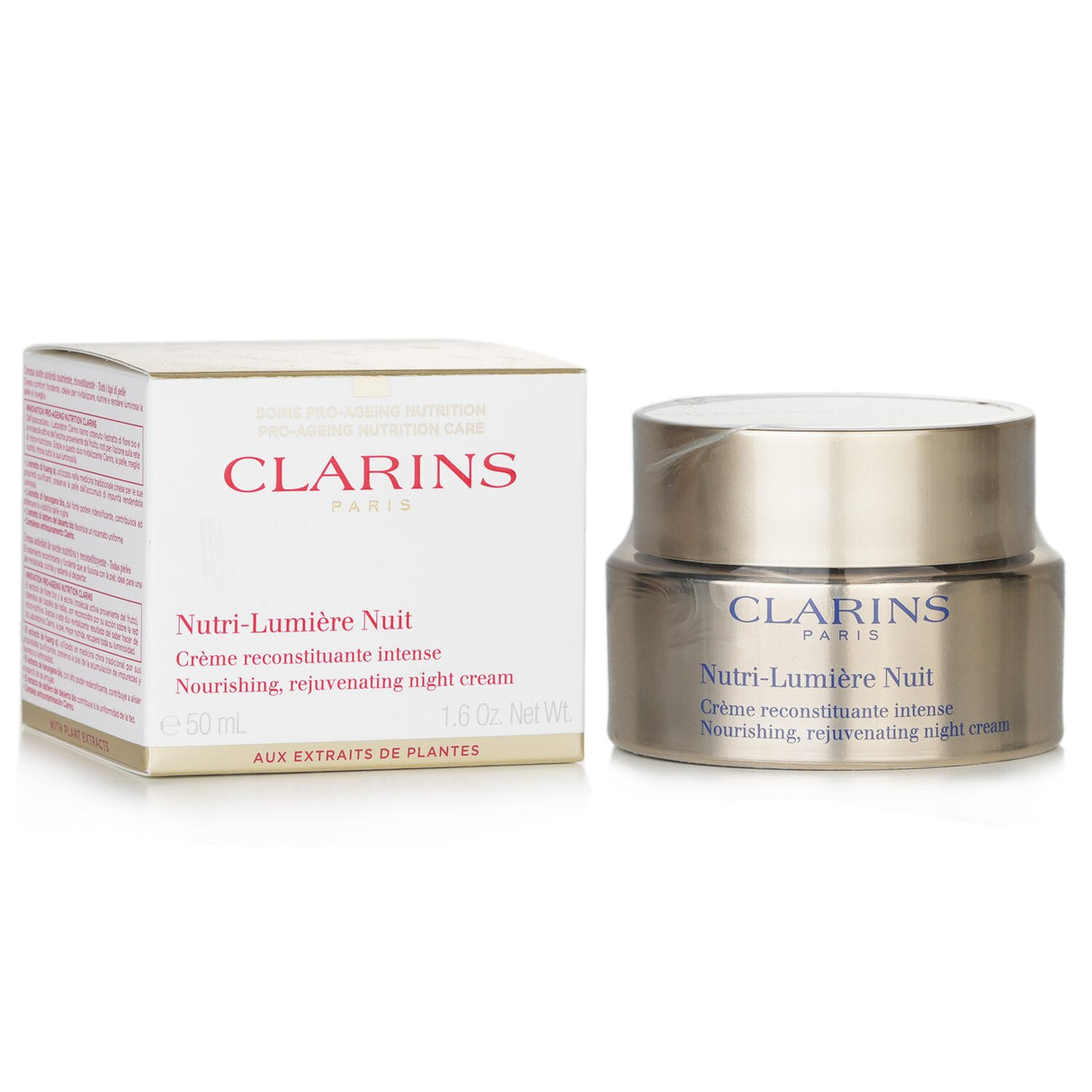 Clarins Nutri-Lumiere Nuit 50ml night cream jar, enriched with Horse Chestnut extract for nourishing and revitalizing skin overnight.