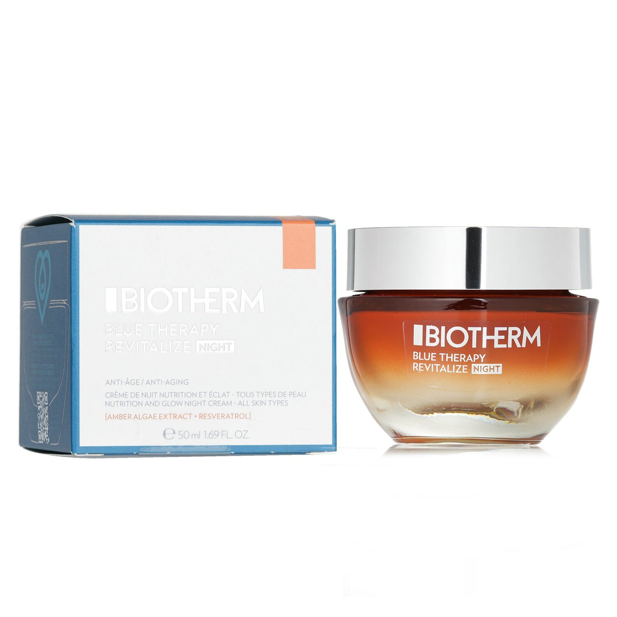 Biotherm Blue Therapy night cream with Amber Algae, Resveratrol, and Life Plankton for skin rejuvenation and hydration.
