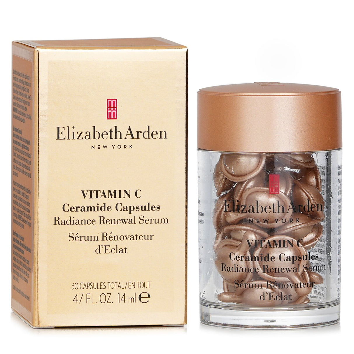 Elizabeth Arden Ceramide Vitamin C Capsules, a potent serum for radiant skin, featuring anti-aging and brightening benefits in 30 capsules.