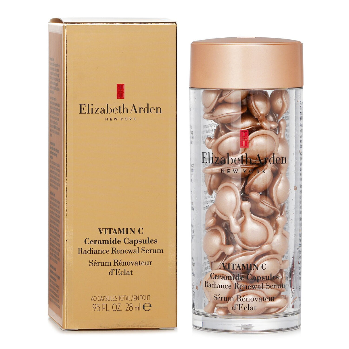 Elizabeth Arden Ceramide Vitamin C Capsules in a 60-count, offering potent brightening serum for radiant, youthful skin.