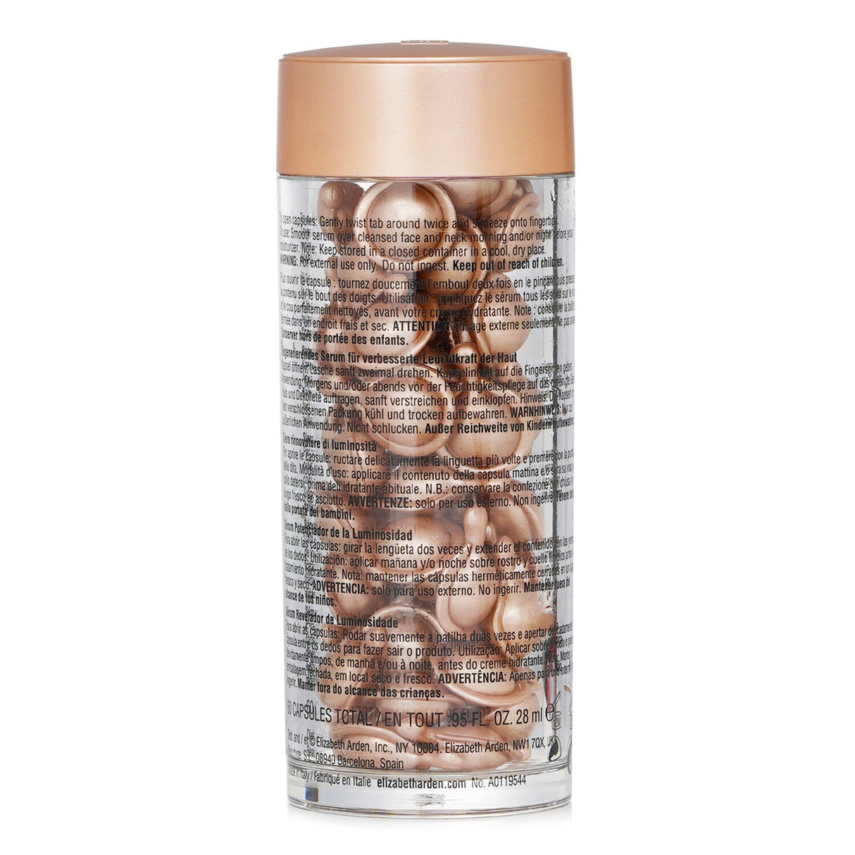 Lightweight Elizabeth Arden Vitamin C capsules for radiant skin, combatting aging and dullness with potent Ceramides.