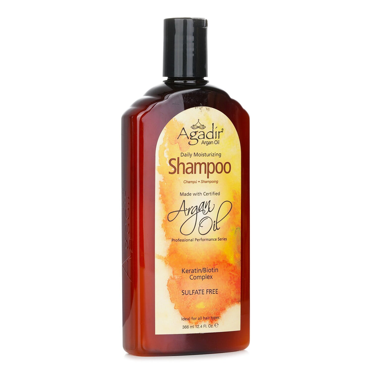 Agadir Argan Oil Daily Moisturizing Shampoo in a 366ml bottle, ideal for all hair types, ensures hydration and vibrant color.
