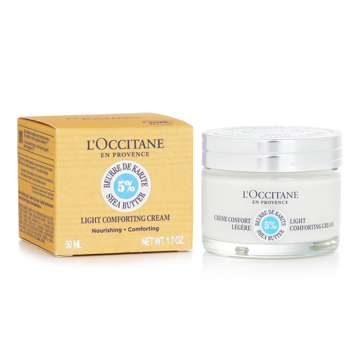 L'Occitane Shea Butter Light Comforting Cream in 50ml, a lightweight, moisturizing cream perfect for all skin types.