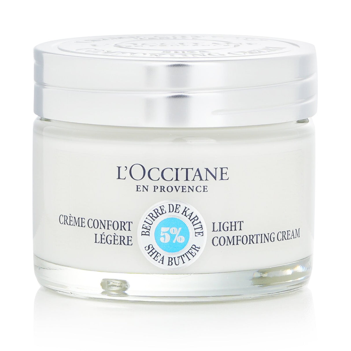 L'Occitane Shea Butter 5% Light Comforting Cream in a 50ml jar, offering lightweight hydration for all skin types.
