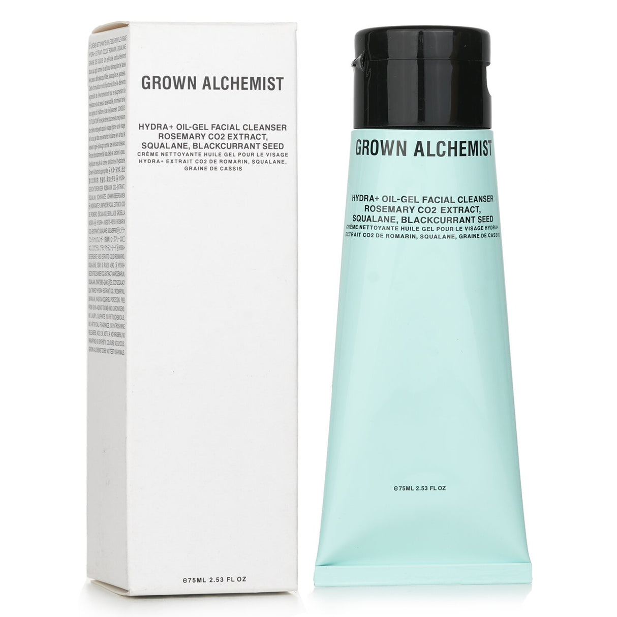 Grown Alchemist Hydra+ Oil-Gel Facial Cleanser in 75ml, enriched with Rosemary CO2 Extract and Squalane for hydrated, smooth skin.
