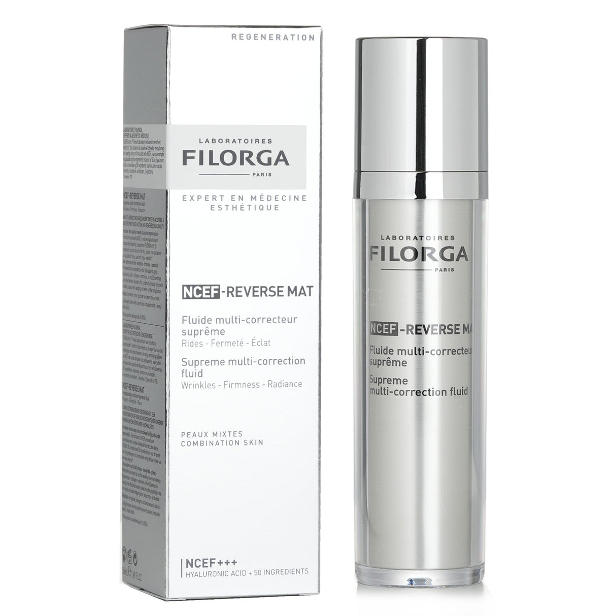 Filorga NCEF-Reverse Mat Supreme Fluid for combination skin, offering hydration, wrinkle reduction, and a matte, flawless finish.