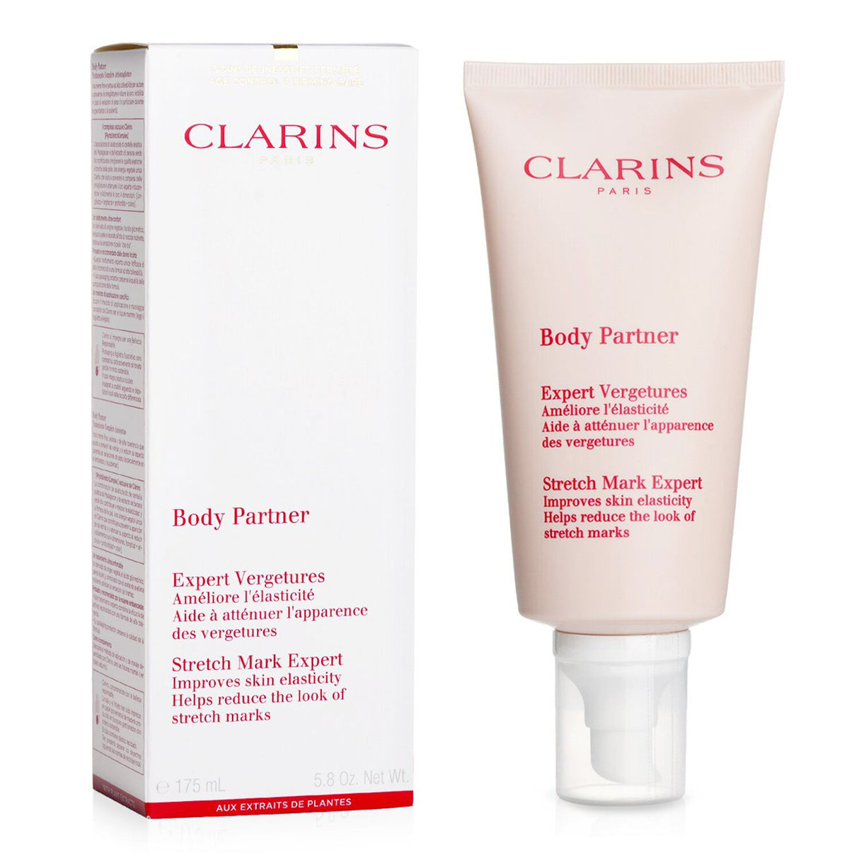 Clarins Body Partner Stretch Mark Expert lotion, 175ml; enriched with Centella Asiatica for enhancing skin elasticity during pregnancy.