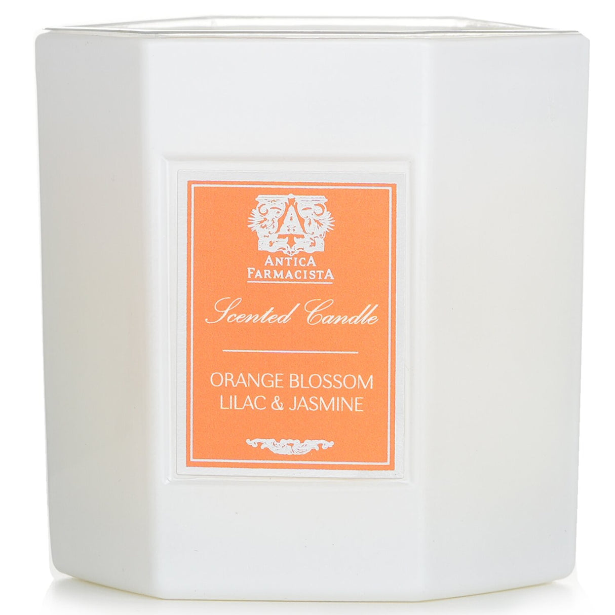 Luxurious 255g candle in white glass, featuring a citrus floral scent of orange blossom, lilac, and jasmine, for 60-hour burn.