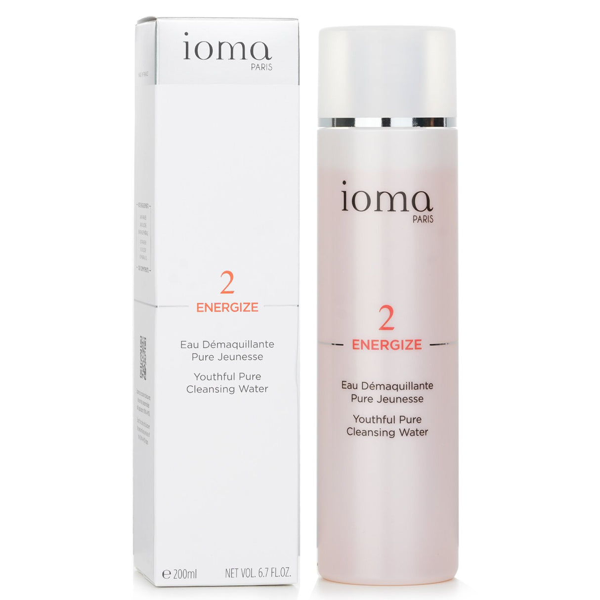 IOMA Energize Youthful Pure Cleansing Water in a 200ml bottle, gently cleanses and tones while soothing sensitive skin.