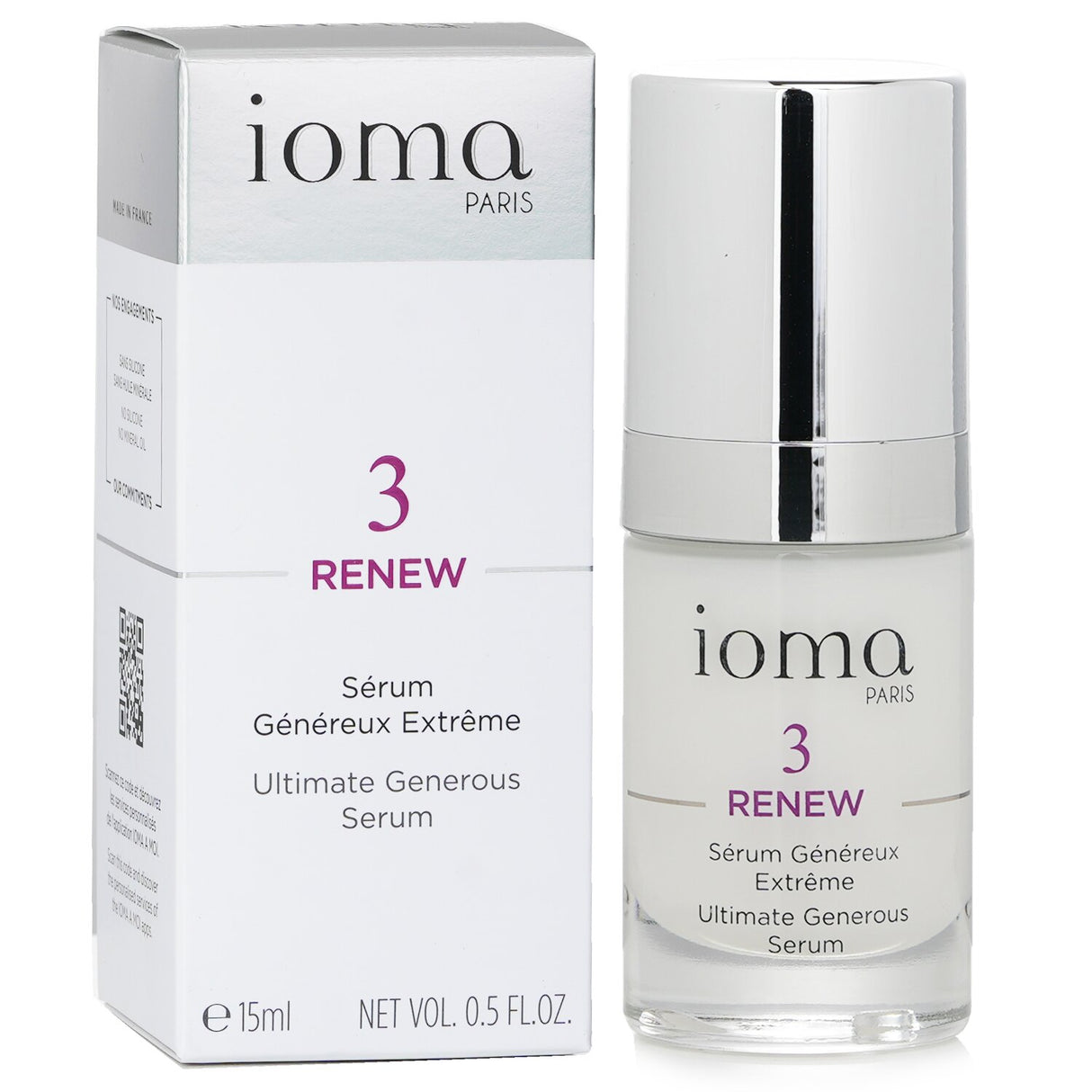 IOMA Renew Ultimate Generous Serum in a 15ml bottle, designed for anti-aging with a gel texture and powerful active ingredients.