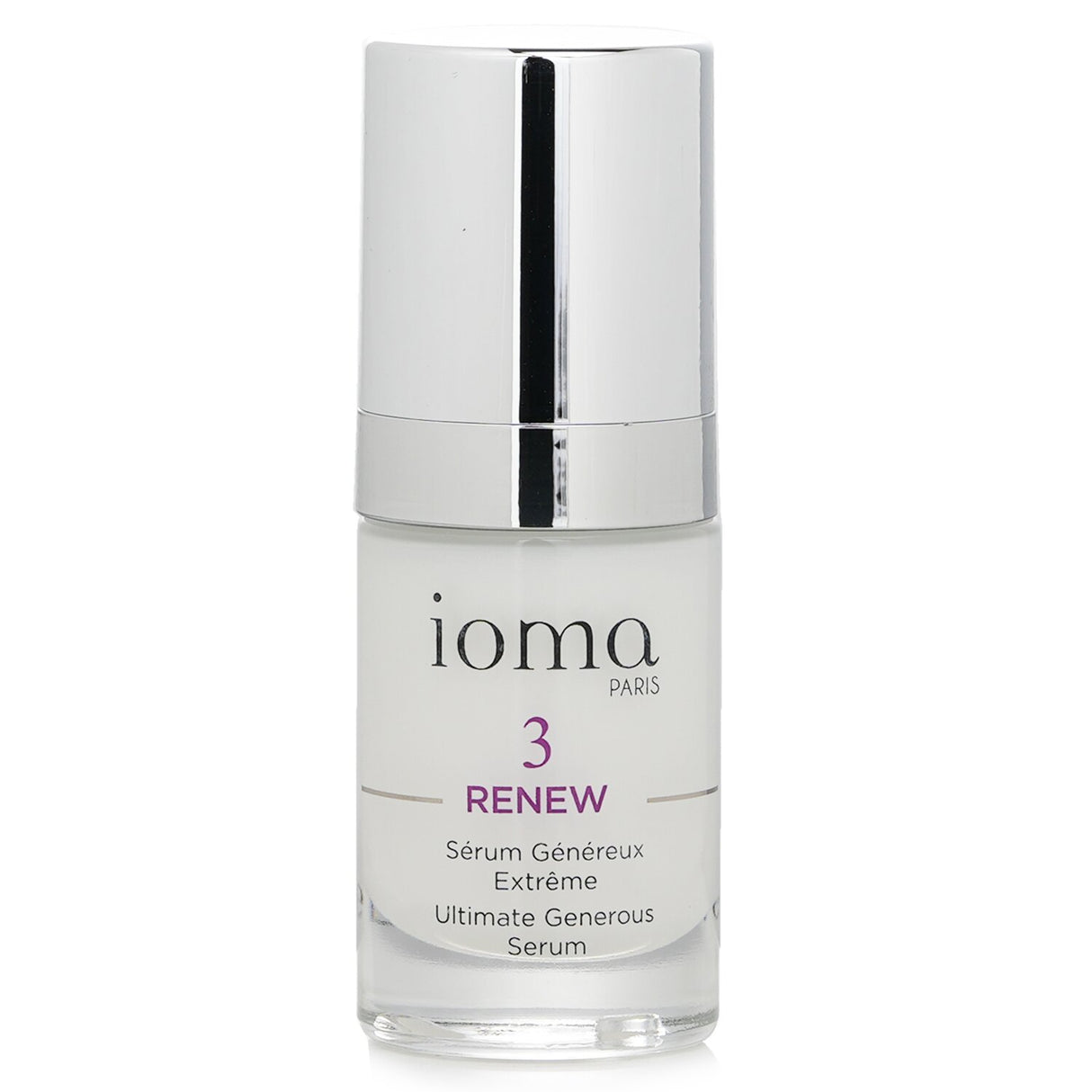 IOMA Renew Ultimate Generous Serum in a 15ml bottle, features a gel texture for anti-aging and skin rejuvenation.