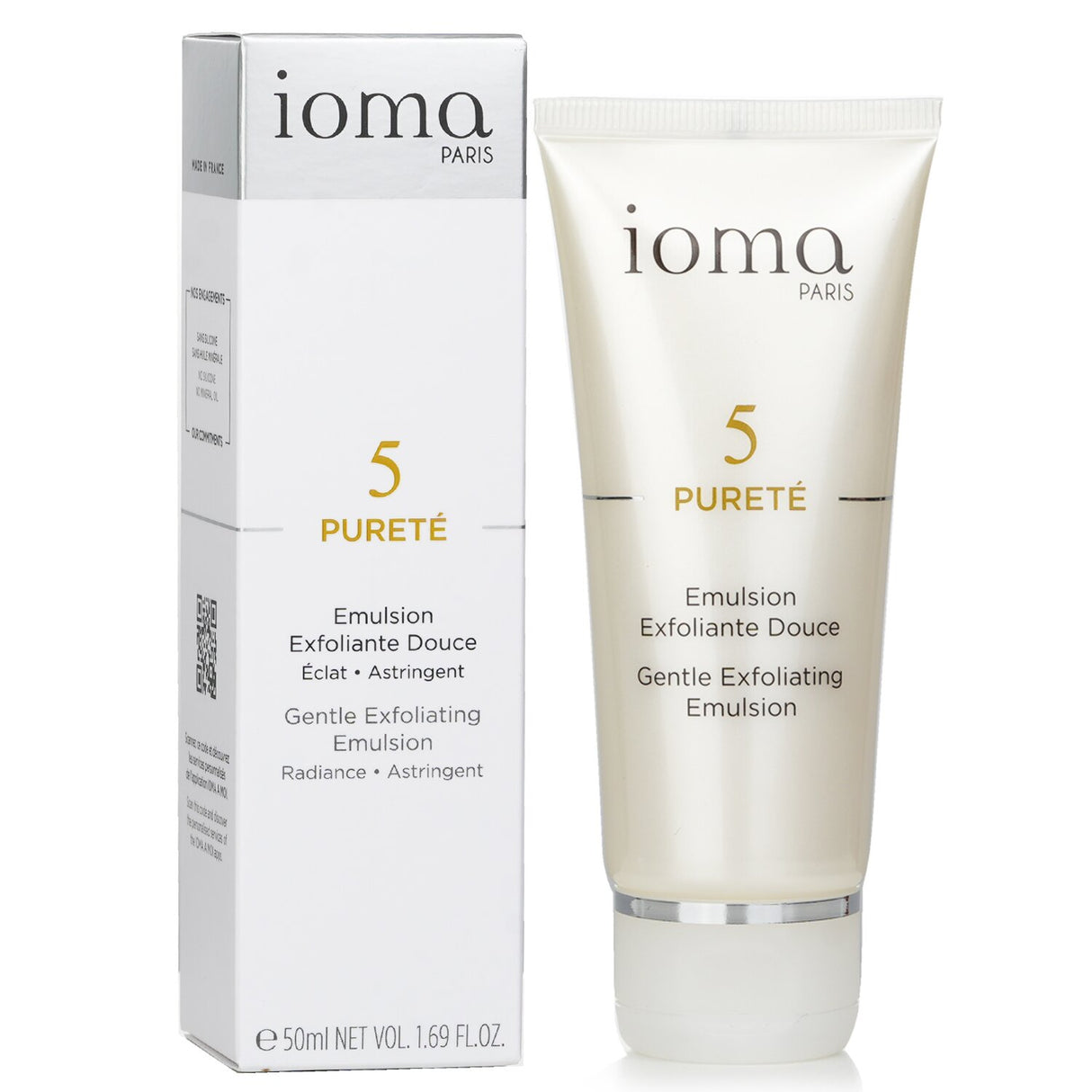 IOMA Purete Gentle Exfoliating Emulsion in a 50ml bottle, featuring natural silica for soft, radiant, and purified skin.