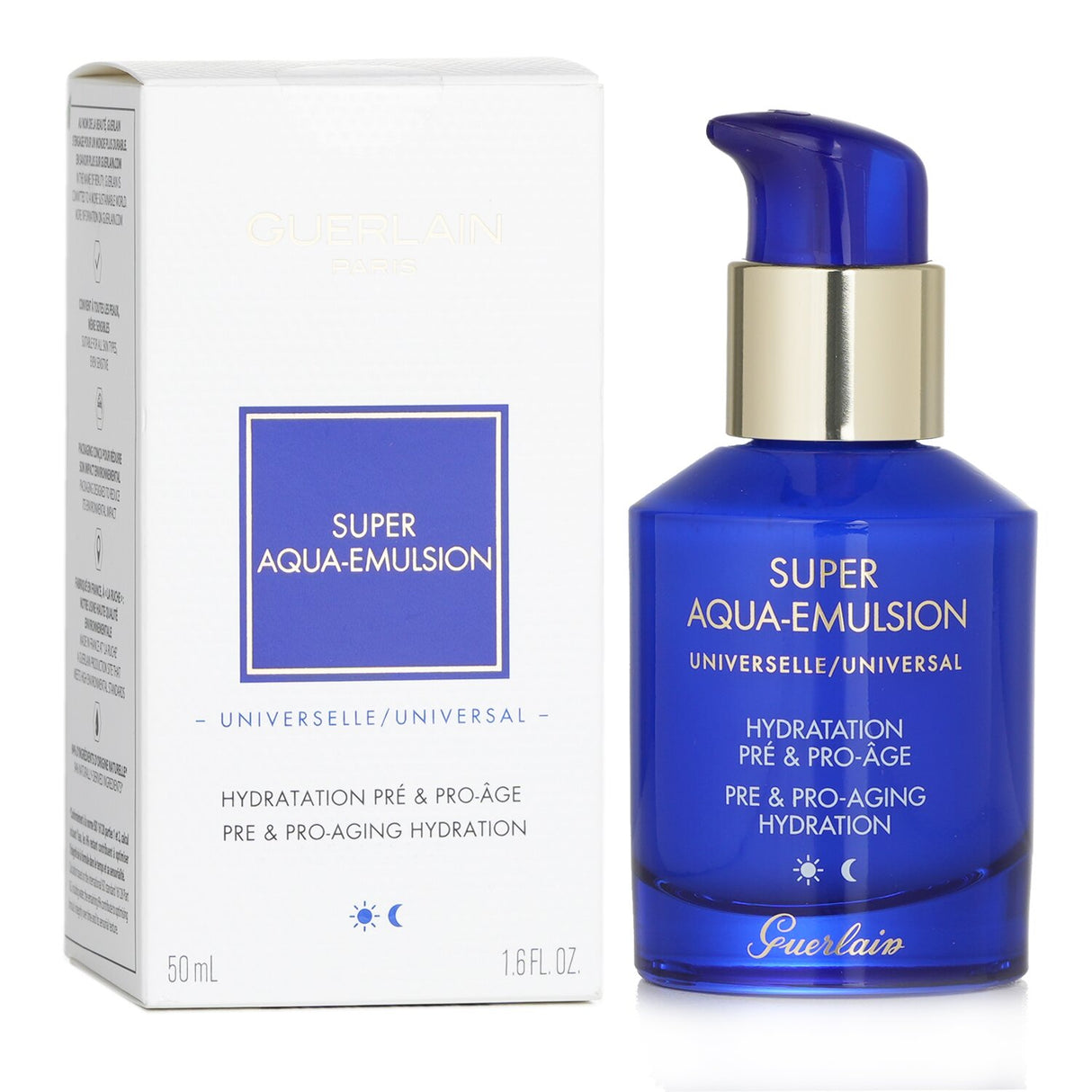 Guerlain Super Aqua Emulsion in a 50ml bottle, a hydrating facial emulsion for all skin types with an aquatic floral scent.
