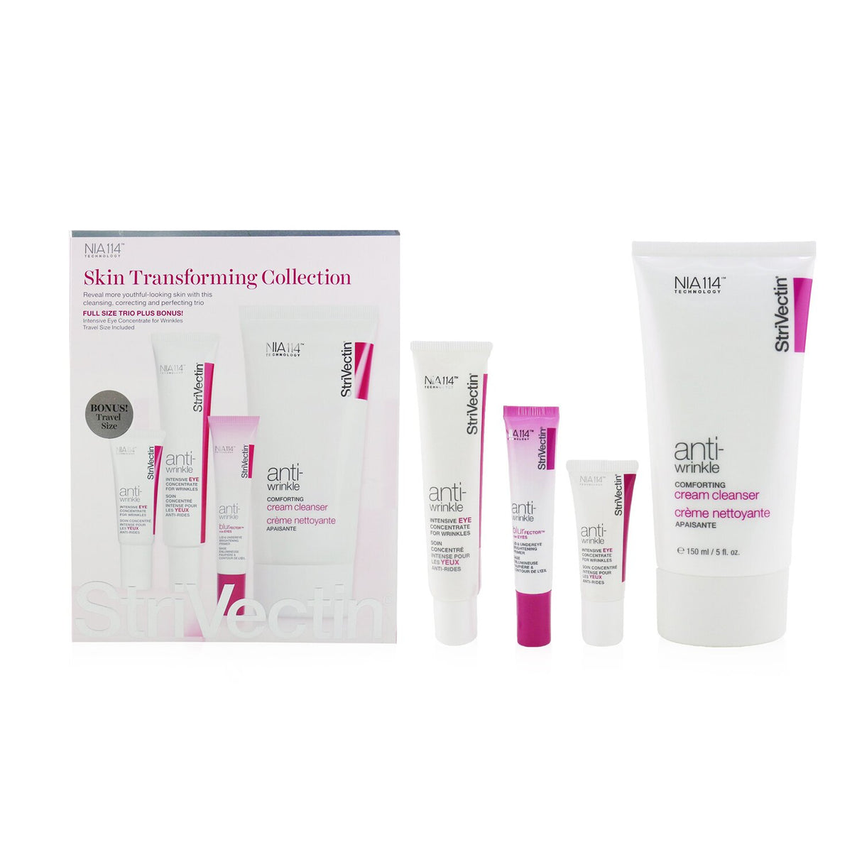 StriVectin Skin Transforming Collection featuring cleanser, eye concentrate, and brightening primer for youthful, radiant skin.