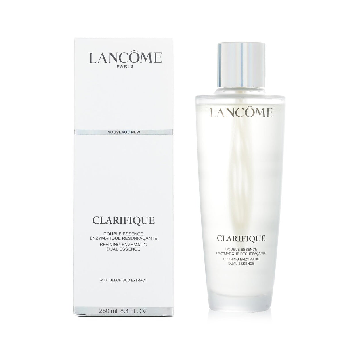 Lancôme Clarifique Double Essence in a 250ml bottle, a bi-phase facial treatment for brighter, smoother, and hydrated skin.