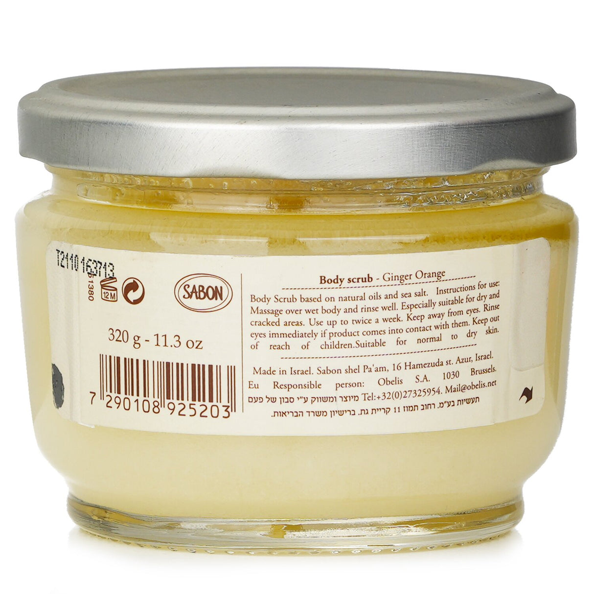 Sabon Body Scrub in Ginger Orange, 320g, revitalizes skin with Dead Sea Salt, oils, and a zesty scent for ultimate pampering.