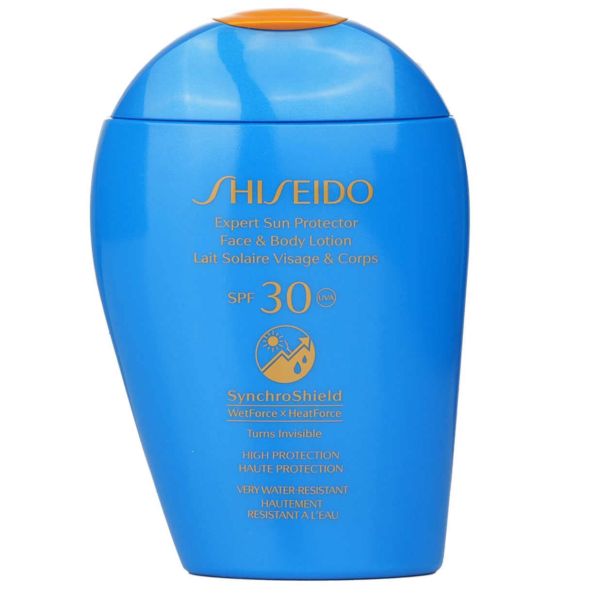 Lightweight Shiseido Expert Sun Protector SPF 30 lotion for face and body, turns invisible, water-resistant, and moisturizing.