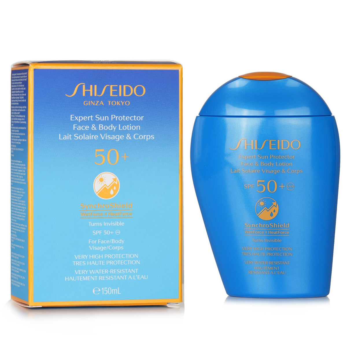 Shiseido Expert Sun Protector SPF 50+ lotion, invisible, lightweight, and water-resistant for face and body sun protection.