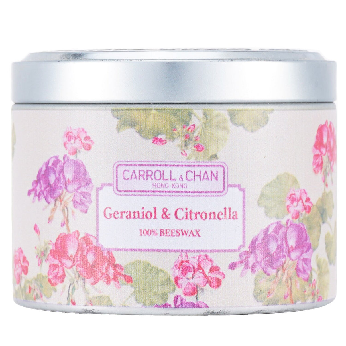 Carroll & Chan 100% beeswax tin candle in geraniol and citronella, 8x6 cm, eco-friendly with wooden wicks and insect-repelling scent.