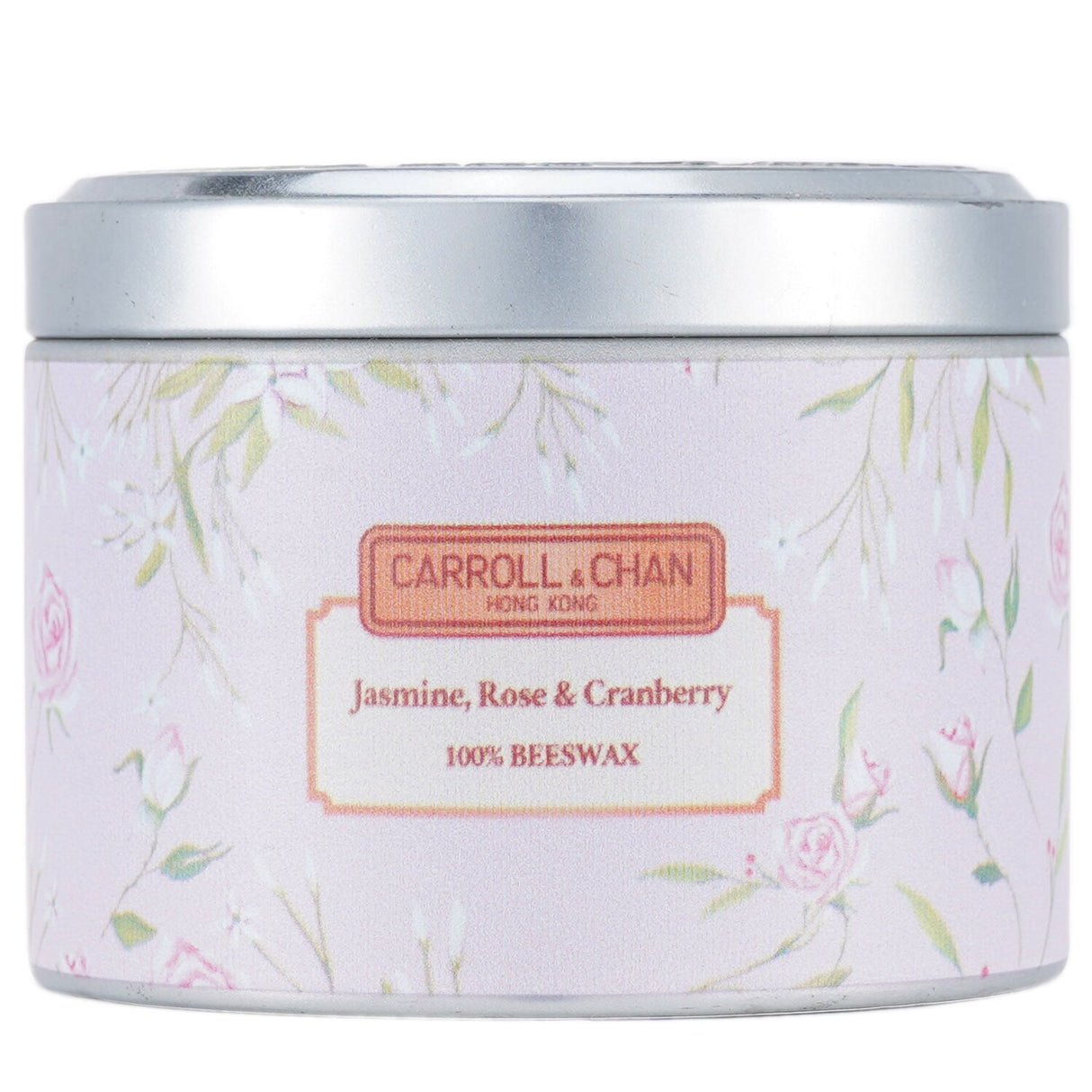 Beeswax tin candle in Jasmine Rose Cranberry scent, featuring wooden wicks for a clean burn and soothing ambiance.