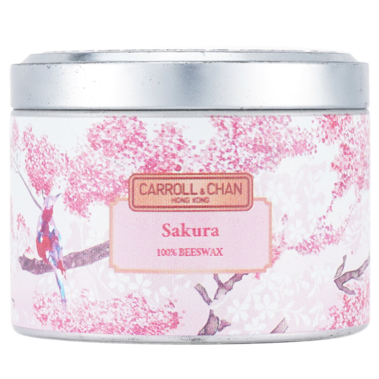Beeswax tin candle in Sakura scent, 8x6 cm, featuring a wooden wick for a clean burn and eco-friendly packaging.