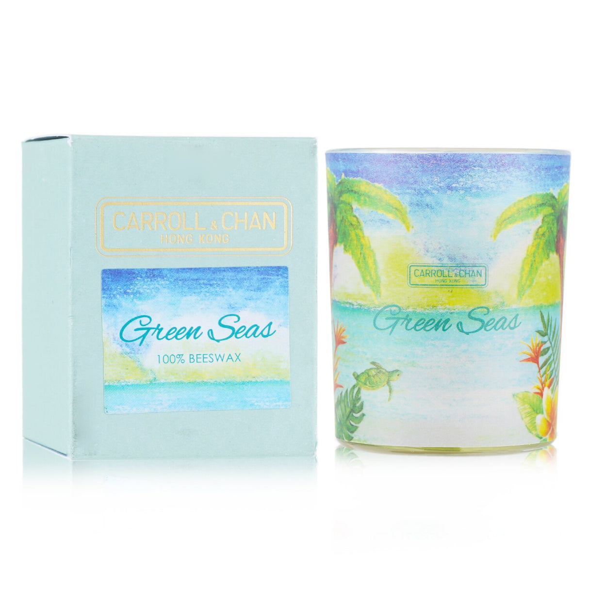 100% beeswax votive candle in Green Seas, eco-friendly, with natural cotton wick, burns for 14 hours in a recycled glass jar.