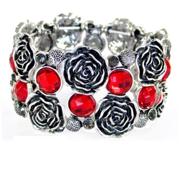 Bracelet-Antique silver finish roses with red glass stones
