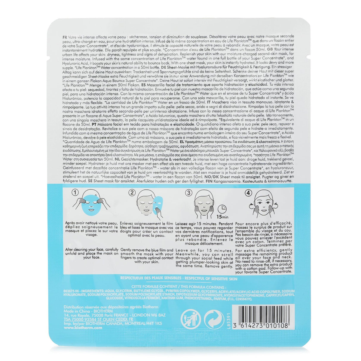 Hydrating facial sheet mask with Hyaluronic Acid and Life Plankton for plump, radiant skin, suitable for all skin types.