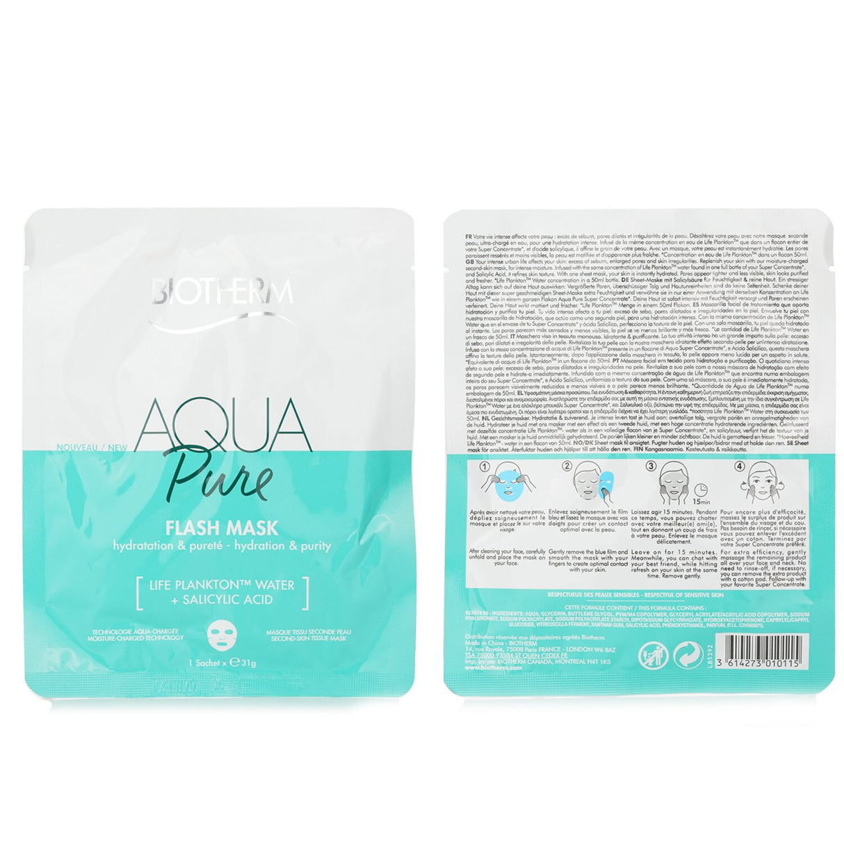 Biotherm Aqua Pure Flash Mask sachet showcasing a hydrating sheet mask enriched with Salicylic Acid and Life Plankton.