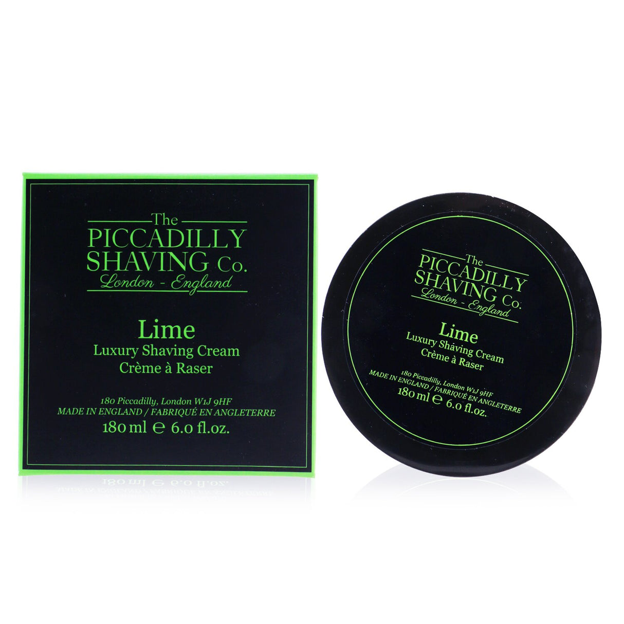 Lime Luxury Shaving Cream in a 180g tub, offers rich lather, soothing formula, and refreshing citrus scent for a smooth shave.