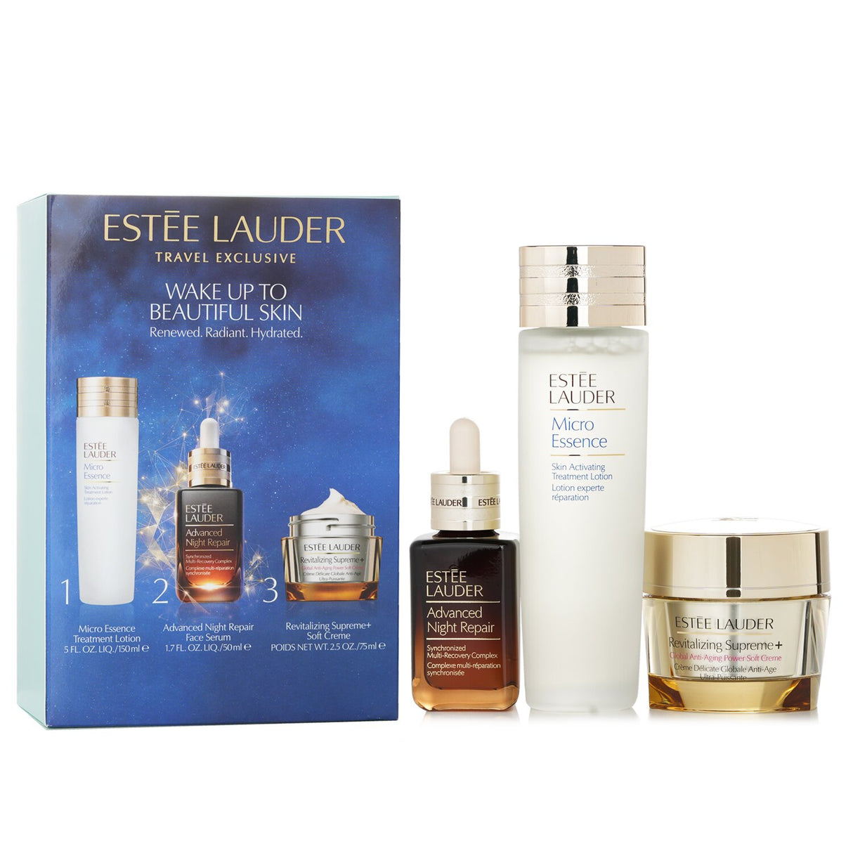 Estee Lauder Advanced Night Repair Essentials Set featuring serum, lotion, and cream for youthful, radiant skin.