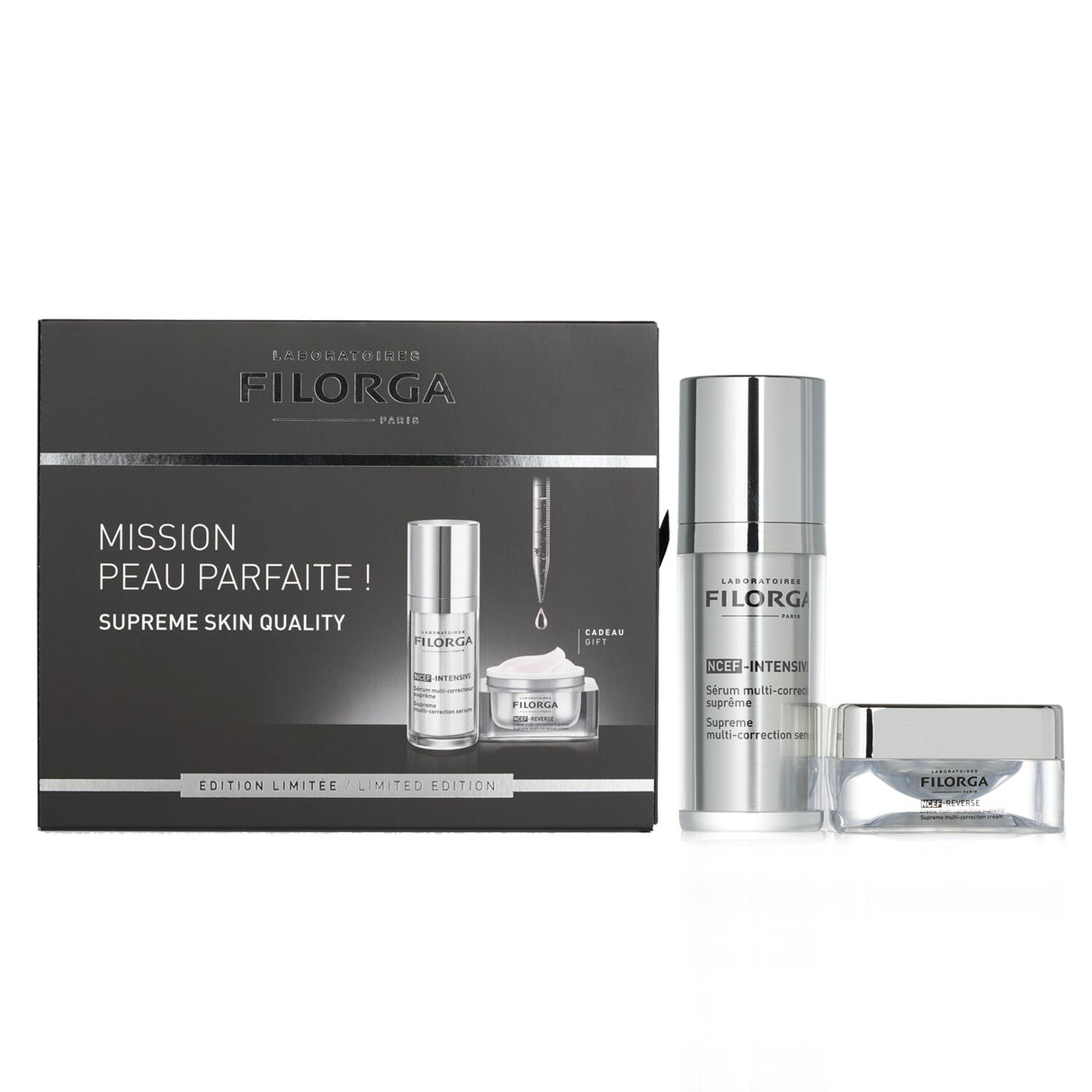 Filorga Supreme Skin Quality Set featuring 30ml NCEF Seru and 15ml NCEF Cream for anti-aging and skin rejuvenation.