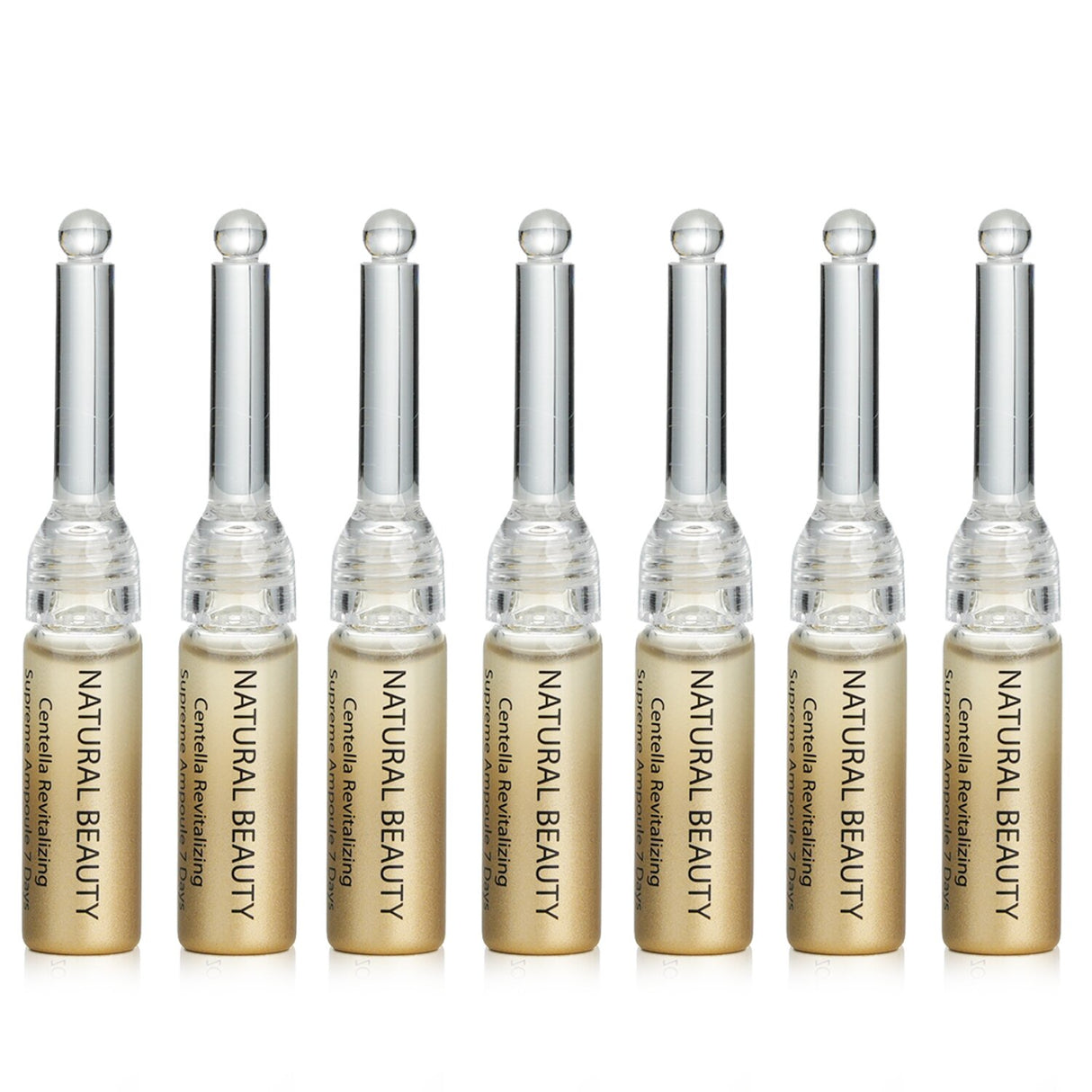 Natural Beauty Centella Revitalizing Supreme Ampoule 7 Days set, featuring seven 3ml vials for intensive skin repair and hydration.